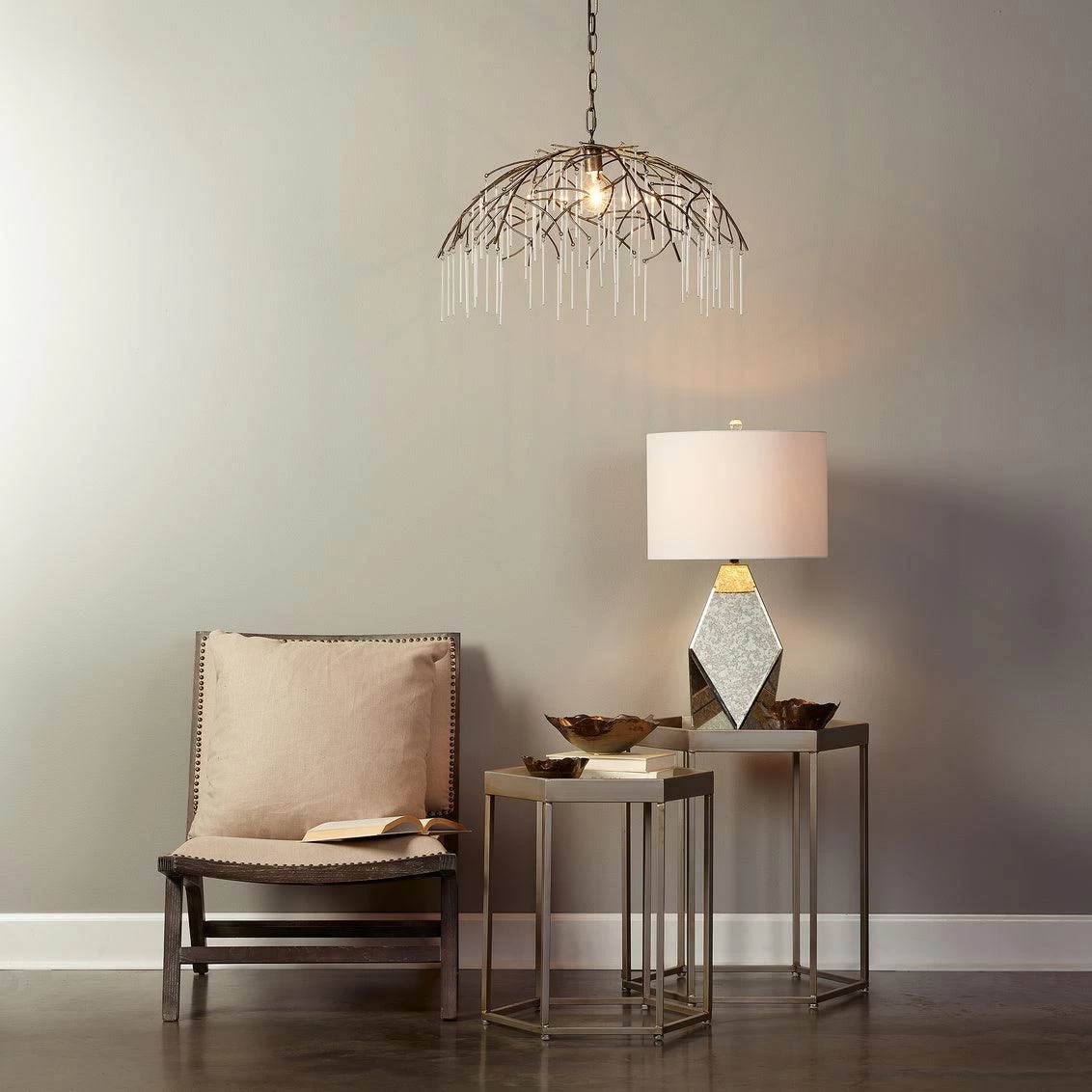 Coastal Style Brass Glass & Glass Vine Pendant 2 Coastal Style Brass Glass & Glass Vine Pendant - Image 2